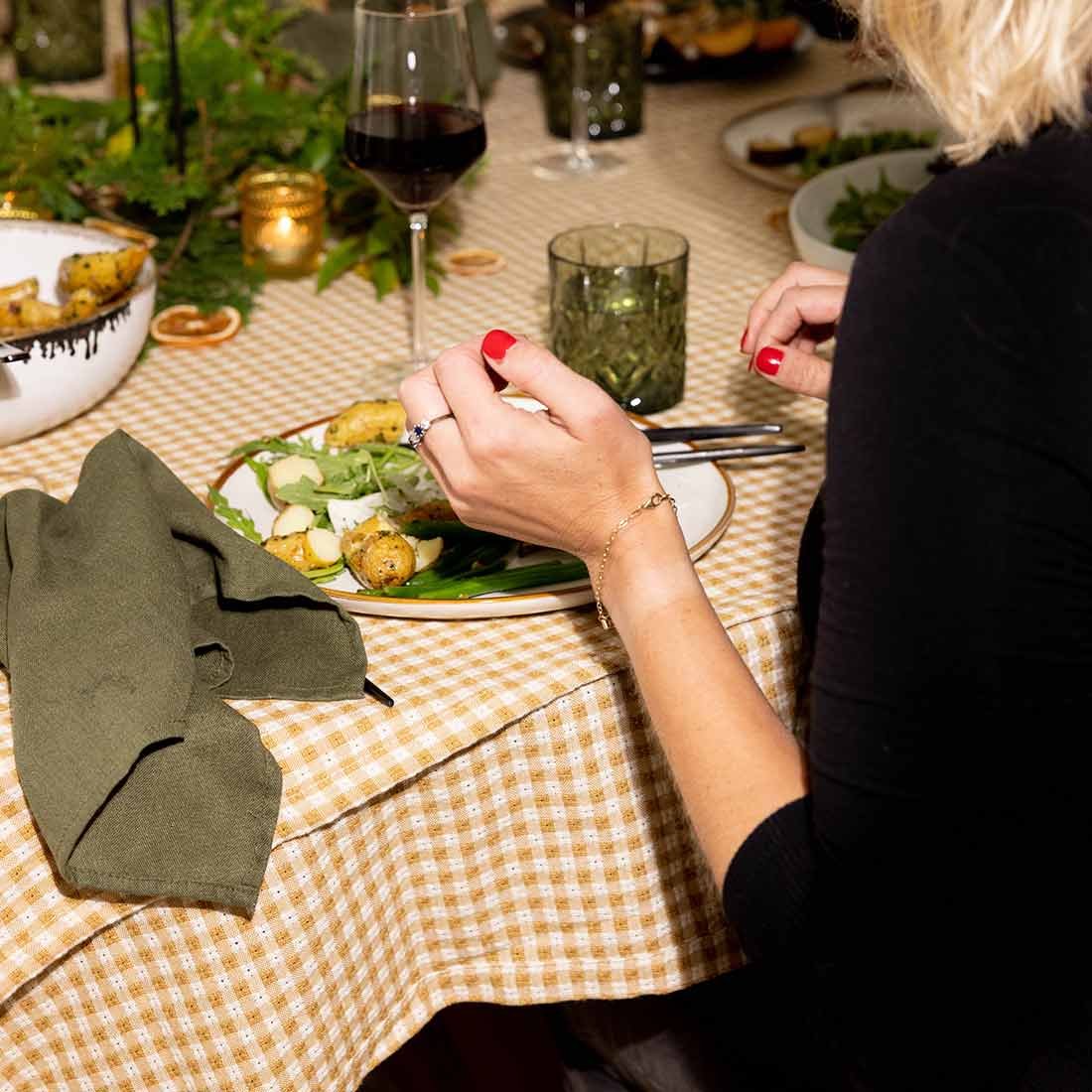 dishes, glasses, silverware, napkins